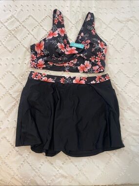 Aqua Eve Bikini Skirt Swimsuit High Waisted with Pockets floral nwt XXL